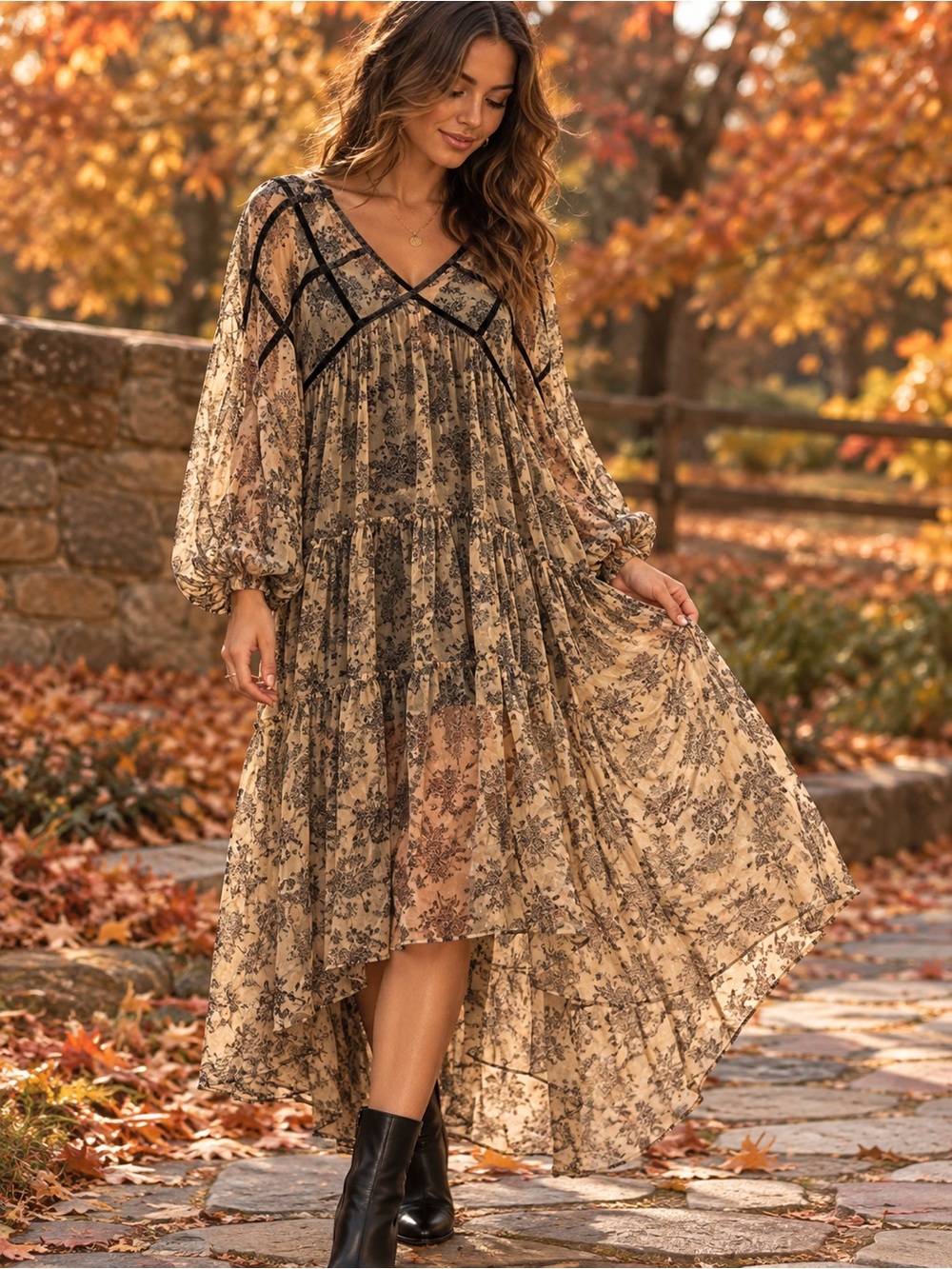 Zara Taupe Floral Tiered Midi Dress with Black Trim